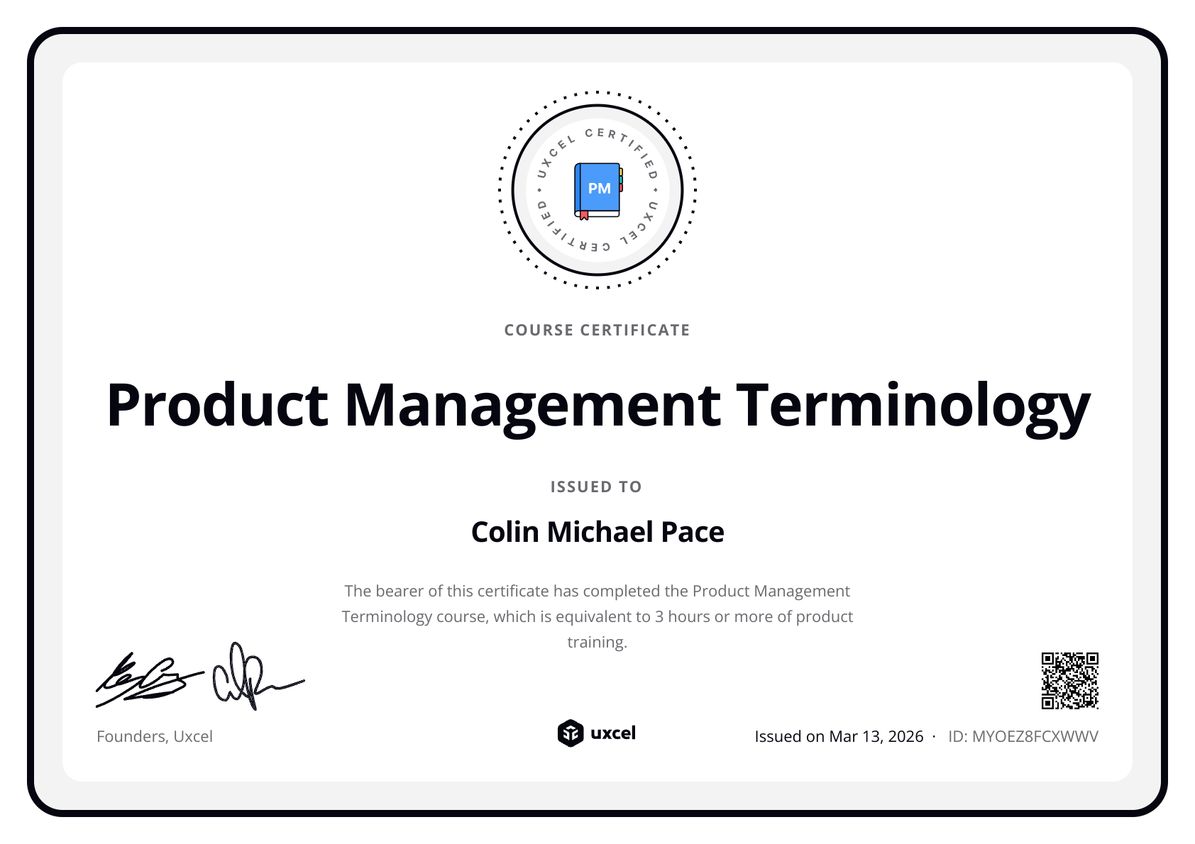 Colin Michael Pace's certificate